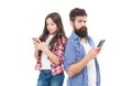 Phone addicts. Father and daughter use mobile phones. Smartphone addicts. Nomophobia Royalty Free Stock Photo