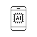 Phone AI, icon in line design. Phone, AI, technology, smart, mobile, communication, innovation on white background