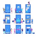 Phone app and people. Small flat characters interact with smartphone application vector set