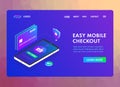 Phone and Bank card Isometric 3D concept image easy payment flat design template, landing page, header and banner.