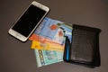 Phone, bank notes and wallet
