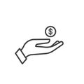 Hand with coin icon on white background