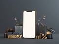 Phone blank screen mockup for Black Friday discount banner template with black and gold stuff and copy space in 3D rendering.