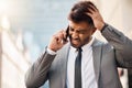 Phone call, angry lawyer and man in city with problem, fight or conflict in conversation. Stress, crisis or frustrated Royalty Free Stock Photo