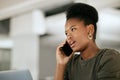 Phone call, black woman and talking with laptop, for conversation and planning. Female entrepreneur, employee and