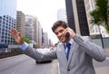 Phone call, business man and stop taxi in city to travel, talking or communication of salesman outdoor. Smartphone Royalty Free Stock Photo