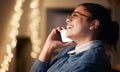 Phone call, business woman and laughing in office at night, chatting or speaking to contact. Thinking, bokeh overtime Royalty Free Stock Photo