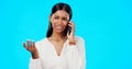 Phone call, business woman and studio with a Indian female talking, networking and speaking. Mobile communication Royalty Free Stock Photo