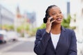 Phone call, city and mockup with a business black woman talking during her outdoor commute for work. Contact Royalty Free Stock Photo