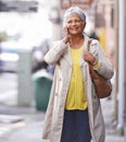 Phone call, city walk and senior woman talking on cellphone discussion, communication or chat to smartphone user. Urban Royalty Free Stock Photo