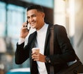 Phone call, coffee and a business man walking in the city on his morning commute for corporate work. Mobile, smile and a Royalty Free Stock Photo