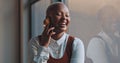 Phone call, communication and black woman laughing in office. Business, cellphone and happy female employee speaking Royalty Free Stock Photo