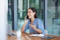 Phone call, communication and laugh with a business woman talking while sitting in her office for work. Laptop, mobile Royalty Free Stock Photo