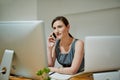 Phone call, computer and woman talking in office for communication on research or online business. Corporate, female Royalty Free Stock Photo