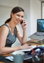 Phone call, computer and woman talking in office for communication on research or online business. Corporate, female Royalty Free Stock Photo