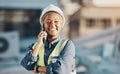 Phone call, construction worker and black woman conversation, smile or talk about roof inspection, advice or chat Royalty Free Stock Photo