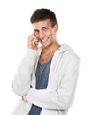 Phone call conversation, studio portrait and happy man with funny joke, networking humour and talking on mobile
