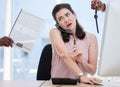 Phone call, documents and time with a multitasking woman in her office, feeling overwhelmed by business demands. Stress