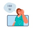 Phone call with female doctor.Online consulting on mobile phone.Flat vector