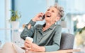 Phone call, good news and laughing with a business woman, CEO or manager joking while talking in an office. Mobile Royalty Free Stock Photo