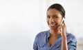 Phone call, happy and portrait of business woman for communication, networking and contact. Professional, office and Royalty Free Stock Photo