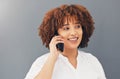 Phone call, happy and smile with black woman in studio background for communication, contact and internet. Networking