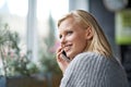 Phone call, happy and woman in coffee shop for communication, social networking and talking. Restaurant, cafe and person Royalty Free Stock Photo