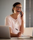 Phone call, happy and woman for remote work with laptop for communication, connection and contact. Working from home Royalty Free Stock Photo