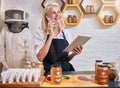 Phone call, honey and tablet with woman in store for natural product, organic and grocery shopping. Retail, health and Royalty Free Stock Photo