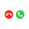 Phone call icons. Accept call and decline button. Green and red buttons with handset silhouettes.