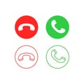 Phone call line icon set. Accept call and decline button. Green and red buttons with handset silhouettes. Vector icons Royalty Free Stock Photo