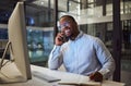 Phone call, notebook and computer black businessman at office planning, and writing success strategy for accounting Royalty Free Stock Photo