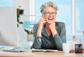 Phone call, office and senior business woman planning strategy, project or proposal in book. Happy, smile and elderly Royalty Free Stock Photo