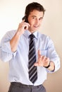Phone call, portrait and business man stop, pause or wait gesture for consultation interruption, discussion and talking Royalty Free Stock Photo