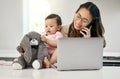 Phone call, remote work and happy woman with baby, laptop, freelancer with online project on maternity leave. Working Royalty Free Stock Photo