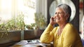 Phone call, restaurant and senior happy woman talking on cellphone discussion, communication or cafe chat. Communication Royalty Free Stock Photo