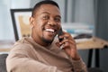 Phone call with smartphone, black man smile and phone conversation, businessman in office and contact, communication and