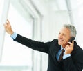 Phone call, smile and thinking with mature businessman in office for communication or networking. Future, planning and Royalty Free Stock Photo