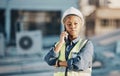 Phone call, solar panel and black woman conversation, thinking or talk about photovoltaic plate, sustainability or ideas Royalty Free Stock Photo