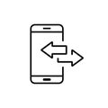 Phone call sync icon, phone transfer line icon, device data exchange process, device sharing vector icon, cloud connection sign