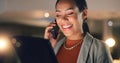 Phone call, tablet and night in office, businesswoman in conversation and business networking with smile. Discussion Royalty Free Stock Photo