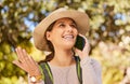 Phone call, travel and hiking woman with question for location, nature guide and forest care or walking information