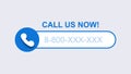 Phone call us now template. Blue mobile call with subscriber number modern digital user connection.