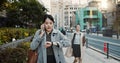 Phone call, watch and Japanese businesswoman in city, late for work on Tokyo street or sidewalk. Stress, time and