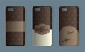 Phone case with coffee pattern. Set of brown back covers. Vector illustration of a sticker or sample cover for coffee lovers.