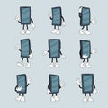 Phone characters template, mobile with arm and leg, blank face. Happy cute cell phone run walk, waving hand, sad Royalty Free Stock Photo