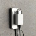 Phone charger, silver plug, white adapter, black cables, gray textured background Royalty Free Stock Photo