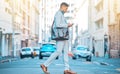 Phone, city sidewalk and business man walking, typing and texting professional legal contact, lawyer or advocate Royalty Free Stock Photo