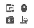 Phone communication, Dollar wallet and Computer mouse icons. Bucket with mop sign.