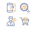 Phone communication, Search employees and Valet servant icons set. Remove purchase sign. Vector